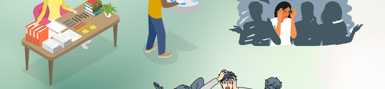 illustrations of woman with OCD perfectionism at a desk lining up items in a specific order, a man with OCD washing his hands constantly; a young woman experiencing anxiety in a crowd of people, and a young man experiencing inner fear and panic anxiety