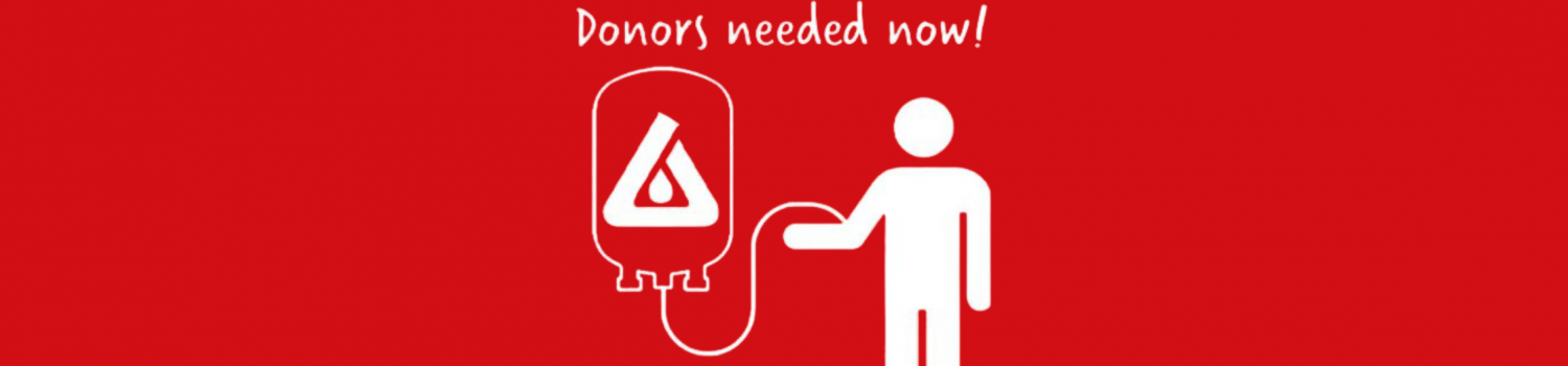 vector art of floating blood bag with NYBC/NJBS logo connected to a person donating blood under text: "Blood Emergency. Donors needed now!"