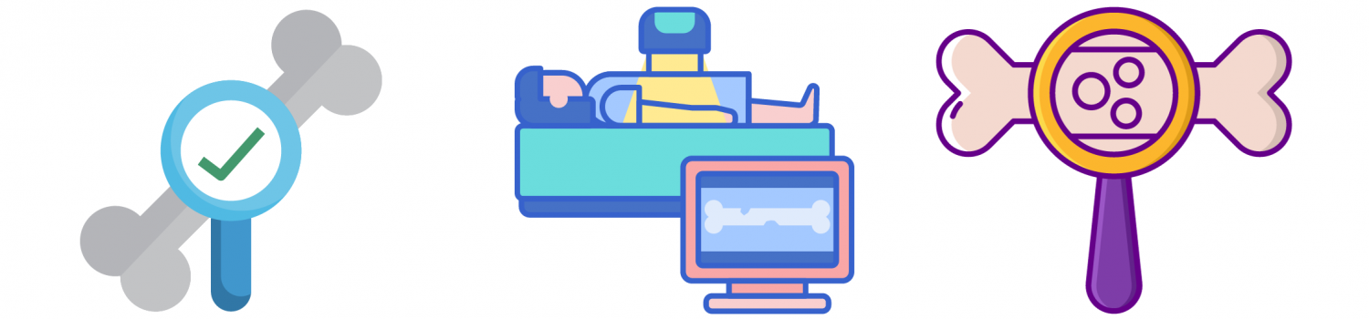 Bone density testing icons on both sides of an illustration of someone undergoing a bone density imaging test