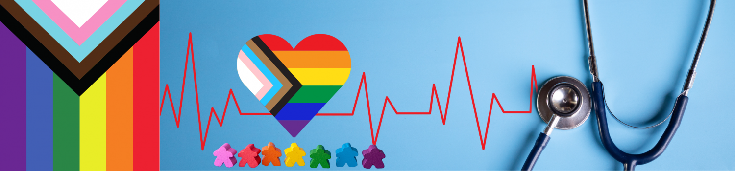 A Pride Flag hanging on the left, with a heart-shaped LGBTQ+ Pride Flag along an electrocardiogram pulse line leading to a stethoscope, while a line of people shapes in a range of rainbow colors stands underneath the heart.