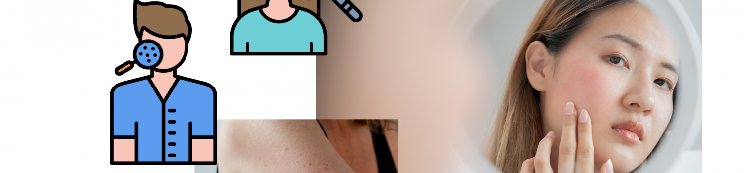 Vector art of a man and woman getting a skin checkup; a woman looking at her face in the mirror; closeup of a person’s arm that has a mole