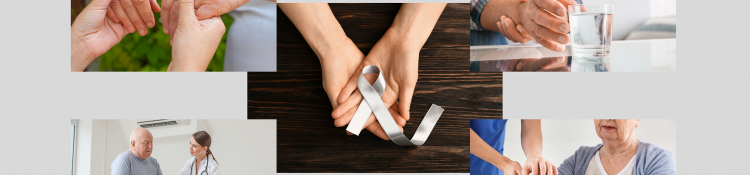 different scenarios of patients with Parkinson's disease receiving care from doctors and caregivers, and hands holding a gray ribbon for Parkinson's Disease Awareness