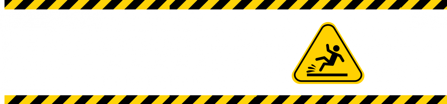 Slip and fall hazard sign with yellow caution tape borders