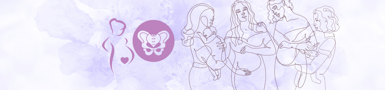 Vector illustrations of pregnant people, mothers holding newborn babies, and with a pelvic health logo