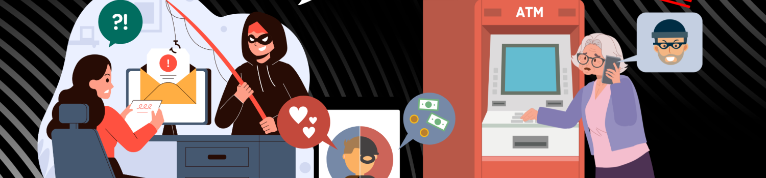 illustrations of fake email, love scam via cell phone, email phishing of a young woman through her computer, elderly woman going to an ATM due to being scammed in a deceptive money transfer, phone call marked as scam, with signs saying "scam alert" and "fraud alert"
