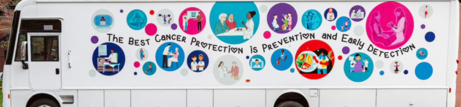 Picture of Screen NJ's "LifeSaver" Mobile Health Unit bus' side-long banner which reads, 'The best cancer protection is prevention and early detection'.