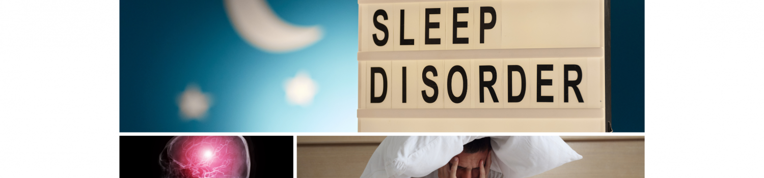 top: sign saying 'sleep disorder', bottom left: MRI of an angiogram, bottom right: man in bed with a pillow over his head struggling with insomnia