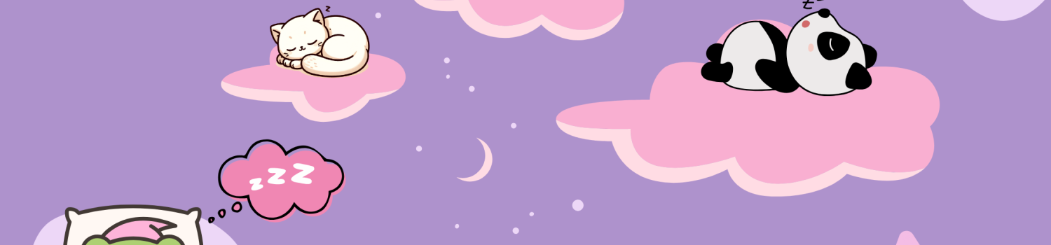 twilight night sky background with sleepy animals and stars, including a sleeping frog, cat, panda, rabbit, and penguin