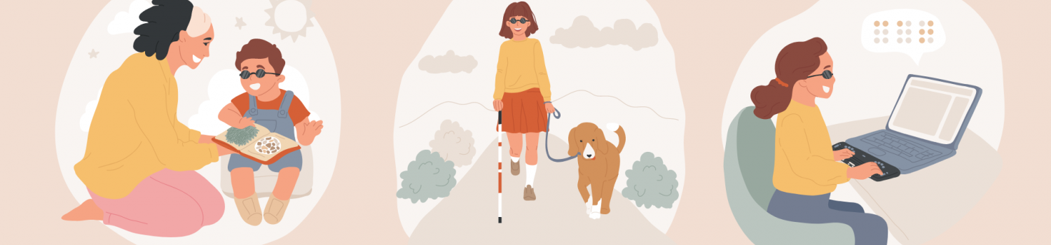 image of woman showing child tactile book, girl using white cane while walking with a guide dog, girl using braille notetaker