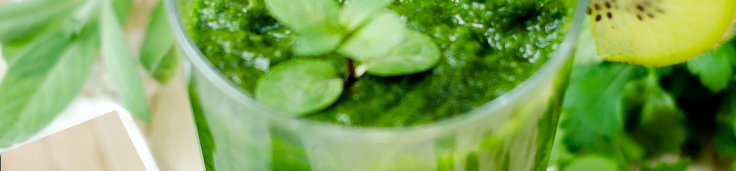 a picture of a green smoothie consisting of kiwi; parsley; mint; and orange