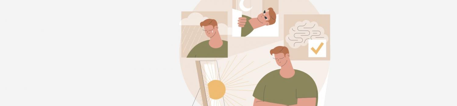 graphic of person being affected by seasonal depression disorder and using a sun light