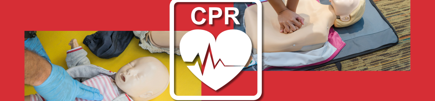 red background with pictures of demonstrations of chest compressions on adult and infant cpr dummies with a vector icon in white of a heart and the acronym 'cpr'