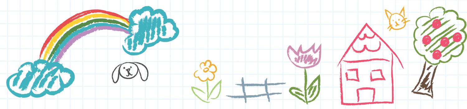 child's crayon drawing of a house, flowers, fruit tree, bumble bee, and a rainbow in the sky with clouds