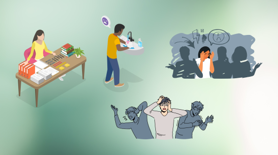 illustrations of woman with OCD perfectionism at a desk lining up items in a specific order, a man with OCD washing his hands constantly; a young woman experiencing anxiety in a crowd of people, and a young man experiencing inner fear and panic anxiety