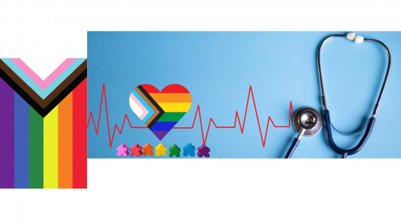 A Pride Flag hanging on the left, with a heart-shaped LGBTQ+ Pride Flag along an electrocardiogram pulse line leading to a stethoscope, while a line of people shapes in a range of rainbow colors stands underneath the heart.