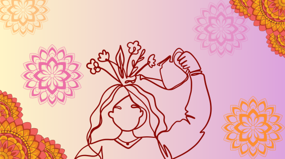 mental health illustration of woman pouring water on flowers growing out of her head surrounded by colorful mandalas