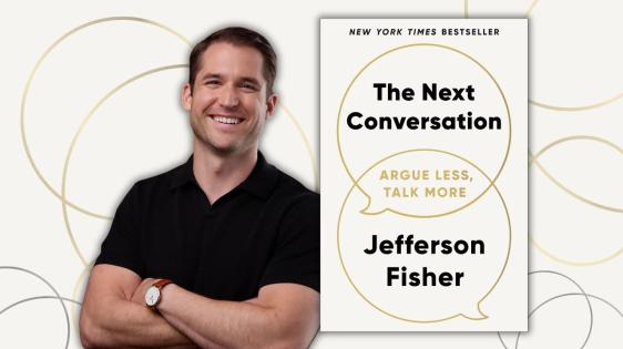Graphic of author Jefferson Fisher's headshot and his book cover "The Next Conversation"