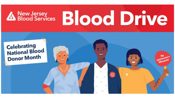 Top: logo of New Jersey Blood Services, alongside ‘Blood Drive’. Bottom: vector art of 3 people standing together with 2 signs on either end, one that reads ‘Be someone’s lifesaver’, the other reads ‘Celebrating National Blood Donor Month’.