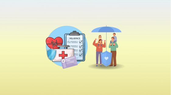 Left: Vector art of clipboard with health insurance paper checklist, heart monitor symbol, first aid kit, and a shield. Right: Vector art of a family of four holding an umbrella symbolizing they have health coverage.