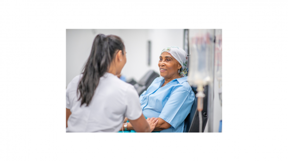 Senior adult woman in the oncology unit receiving chemotherapy treatment