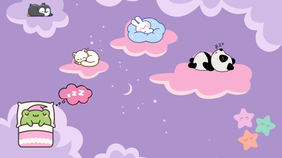 twilight night sky background with sleepy animals and stars, including a sleeping frog, cat, panda, rabbit, and penguin