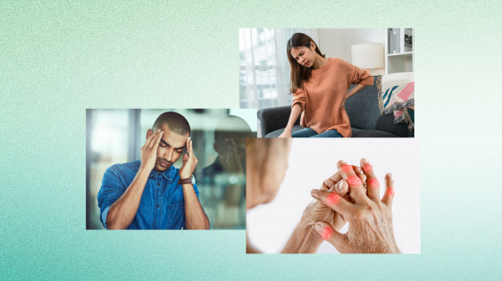 woman with back pain; man with headache; elderly woman with arthritis pain in hands