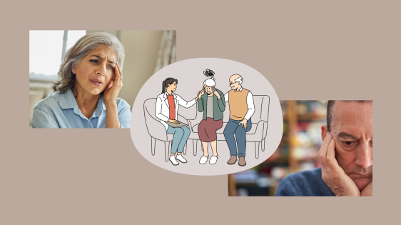 illustration of female doctor talking with elderly woman suffering from memory loss alongside relative; photo of elderly woman looking confused possibly from memory loss; photo of elderly man looking pensive and anxious possibly from memory loss