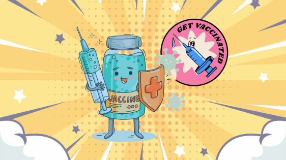 illustration of anthropomorphic vaccine carrying a syringe and a shield, with a message stating 'get vaccinated'