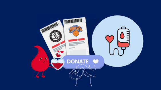 Illustration of anthropomorphic blood drop holding a heart-shaped blood bag in front of two basketball game tickets with Brooklyn Nets and New York Knicks logos, with a "donate" sign in front of it. Illustration on the right of a blood bag filling a heart with blood. At the bottom, line art of a person doing a breast self-exam for Breast Cancer Awareness Month.