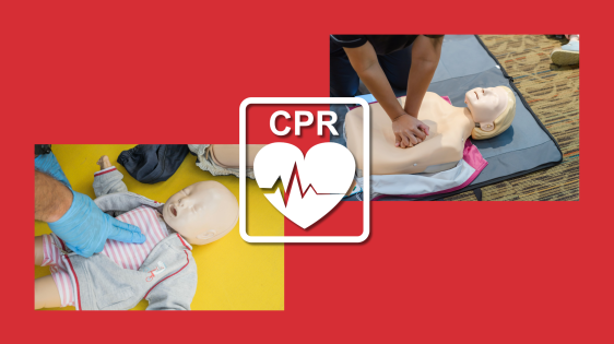 red background with pictures of demonstrations of chest compressions on adult and infant cpr dummies with a vector icon in white of a heart and the acronym 'cpr'