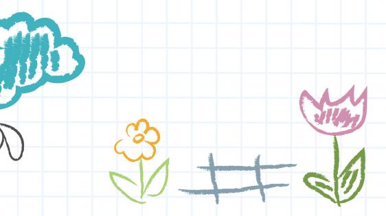 child's crayon drawing of a house, flowers, fruit tree, bumble bee, and a rainbow in the sky with clouds