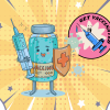 illustration of anthropomorphic vaccine carrying a syringe and a shield, with a message stating 'get vaccinated'